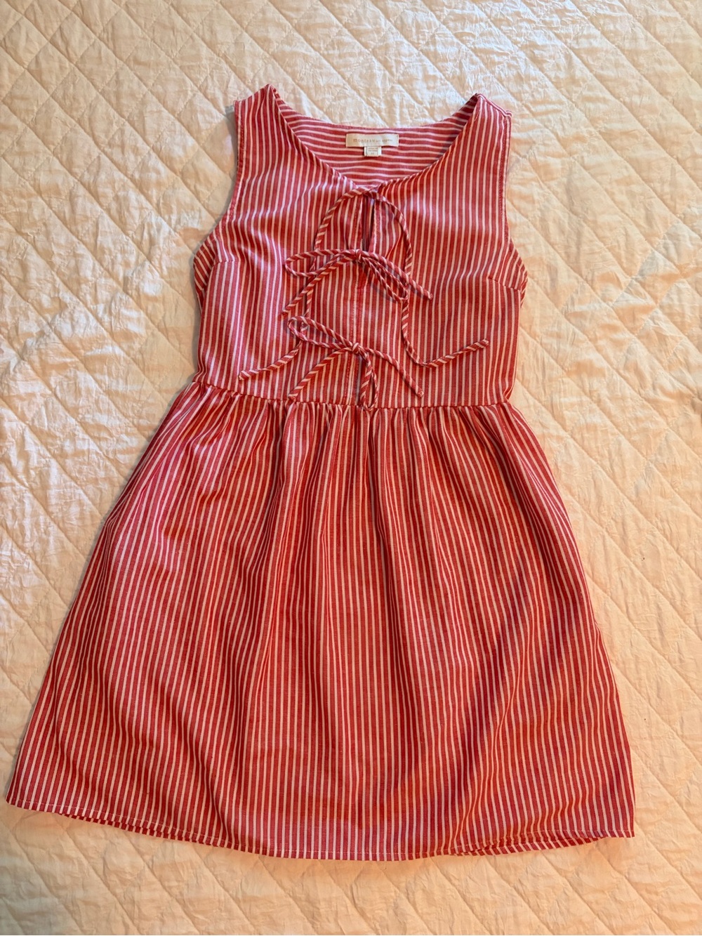Monteau Red and White Striped Sleeveless Dress with Front Tie Details